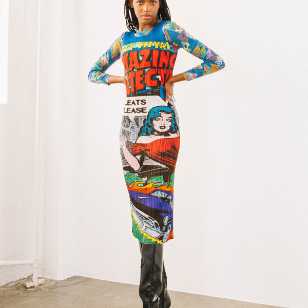 1999 Issey Miyake Pleats Please Pop Art Comic Strip Midi Dress 1999 Issey Miyake Pleats Please Pop Art Comic Strip Midi Dress