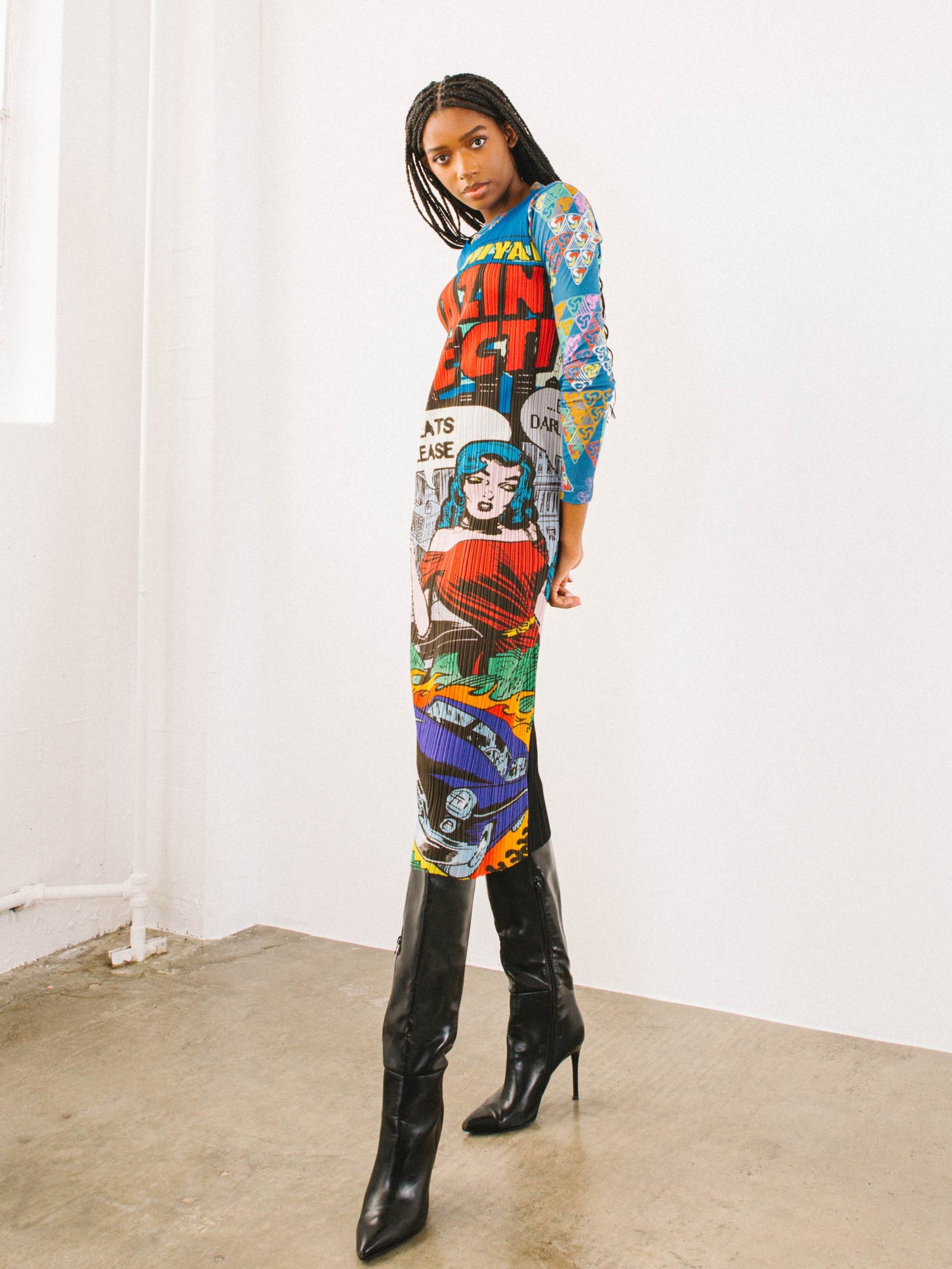 1999 Issey Miyake Pleats Please Pop Art Comic Strip Midi Dress