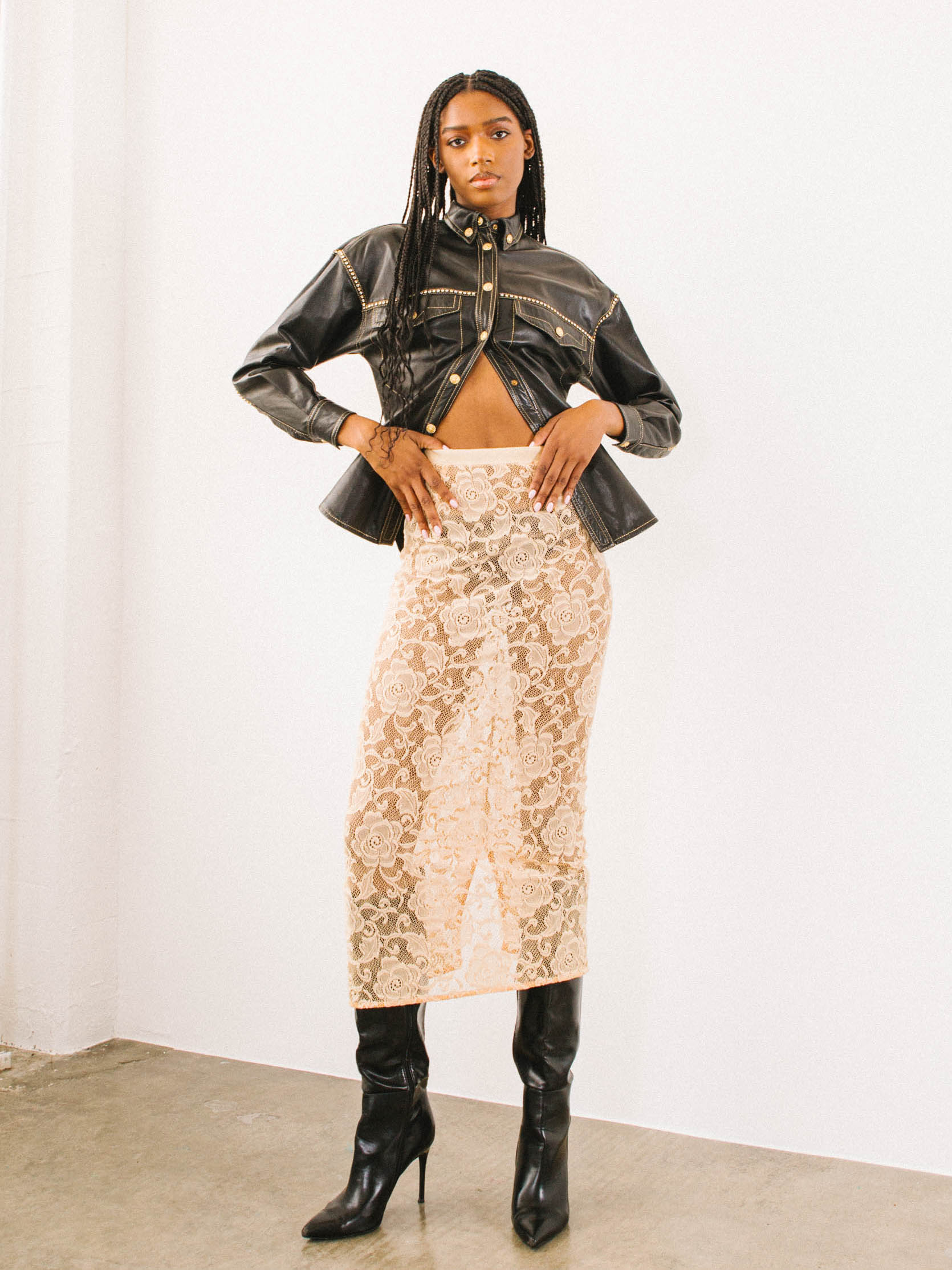 1996 Dolce & Gabbana Nude Lace Midi Skirt