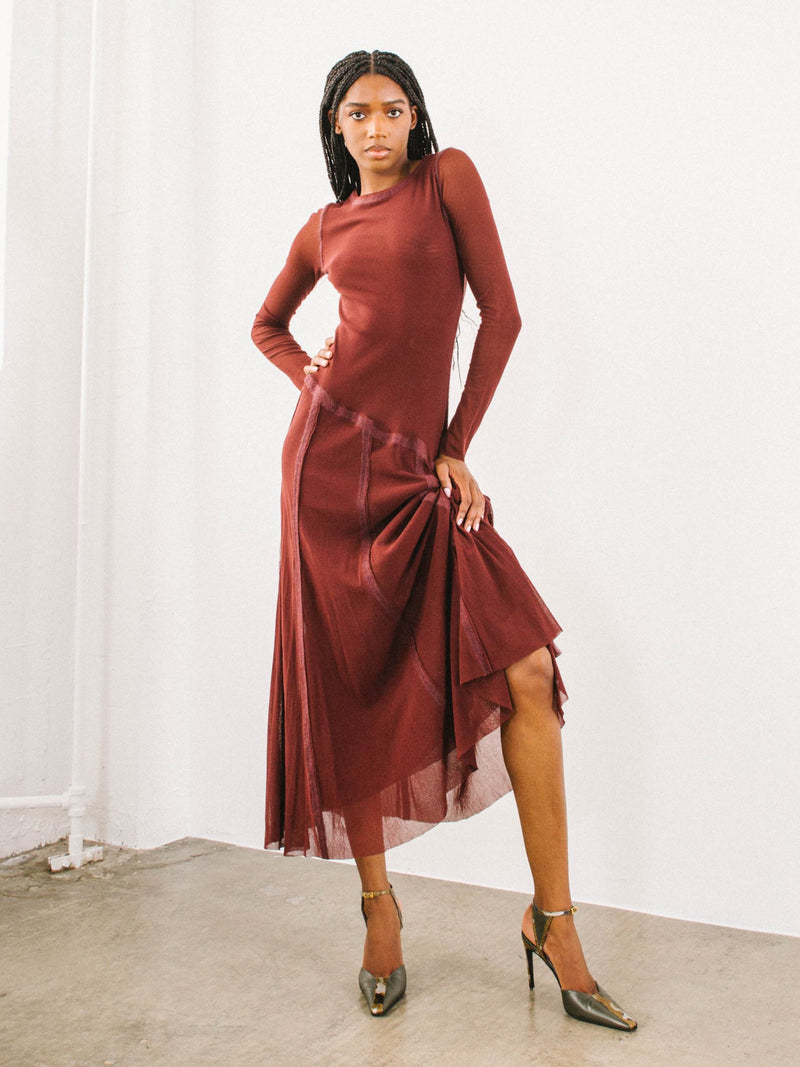 Jean Paul Gaultier Maroon Mesh Long Sleeve Midi Dress Dress arcadeshops.com