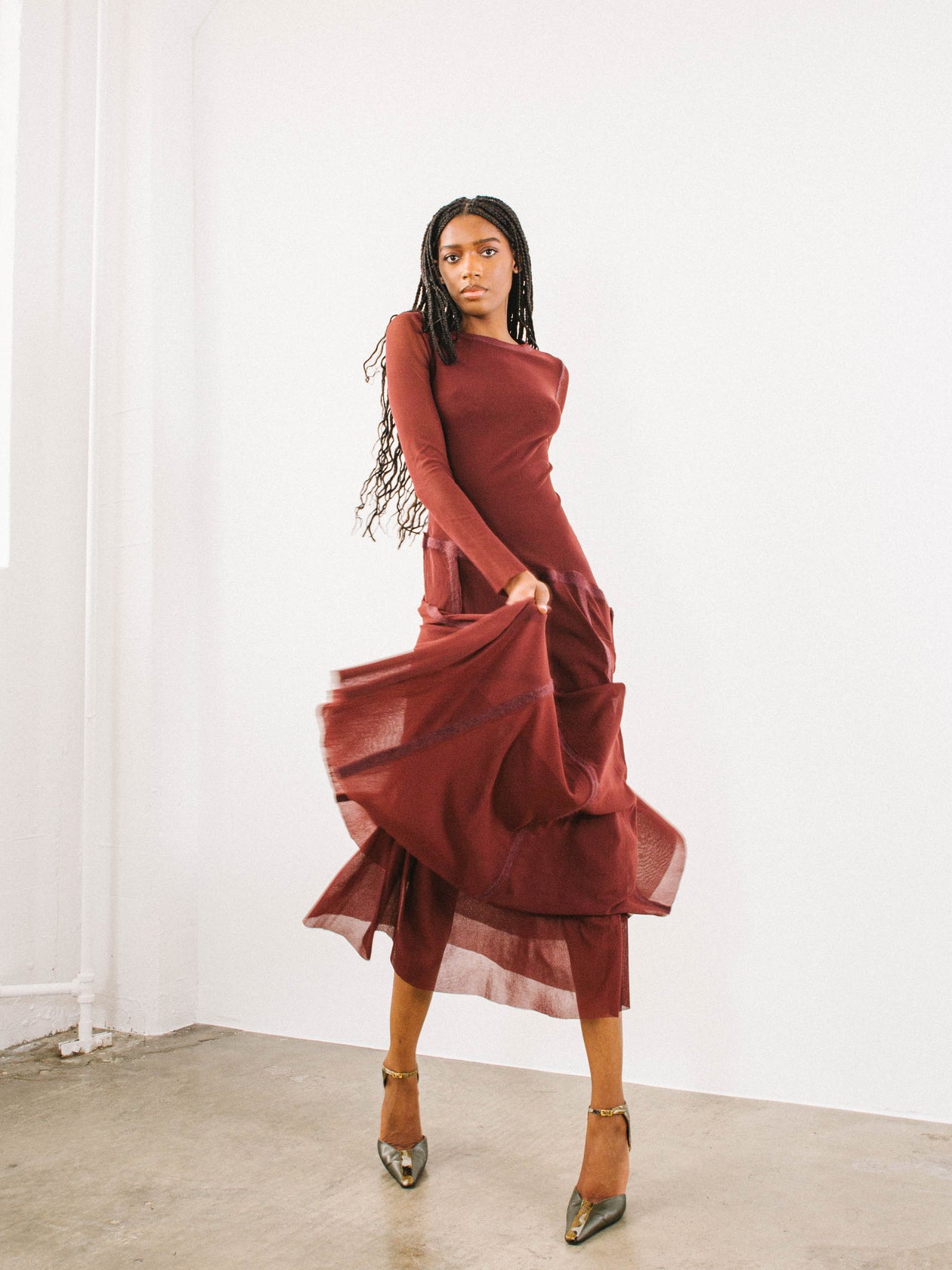 Jean Paul Gaultier Maroon Mesh Long Sleeve Midi Dress