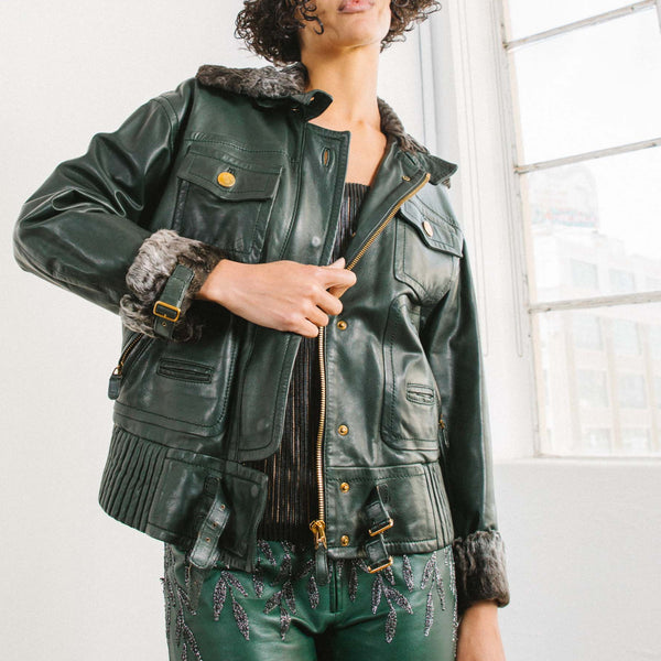 1990s Gucci Shearling Trimmed Leather Bomber Jacket