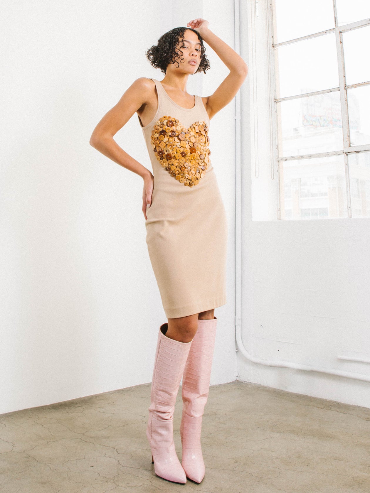 slim fit dress slacks 1980s Patrick Kelly Button Mini Dress