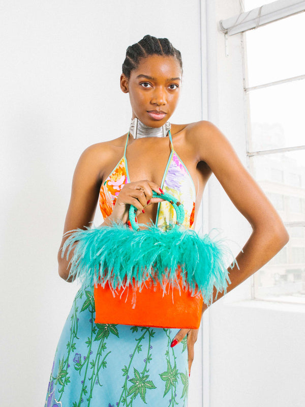 Ingrid Bruha Orange Ponyhair Feather Trimmed Bag Accessory arcadeshops.com