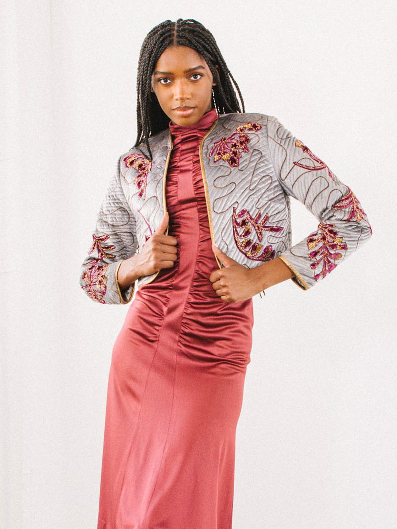 Silver Embroidered Velvet Quilt Jacket Jacket arcadeshops.com