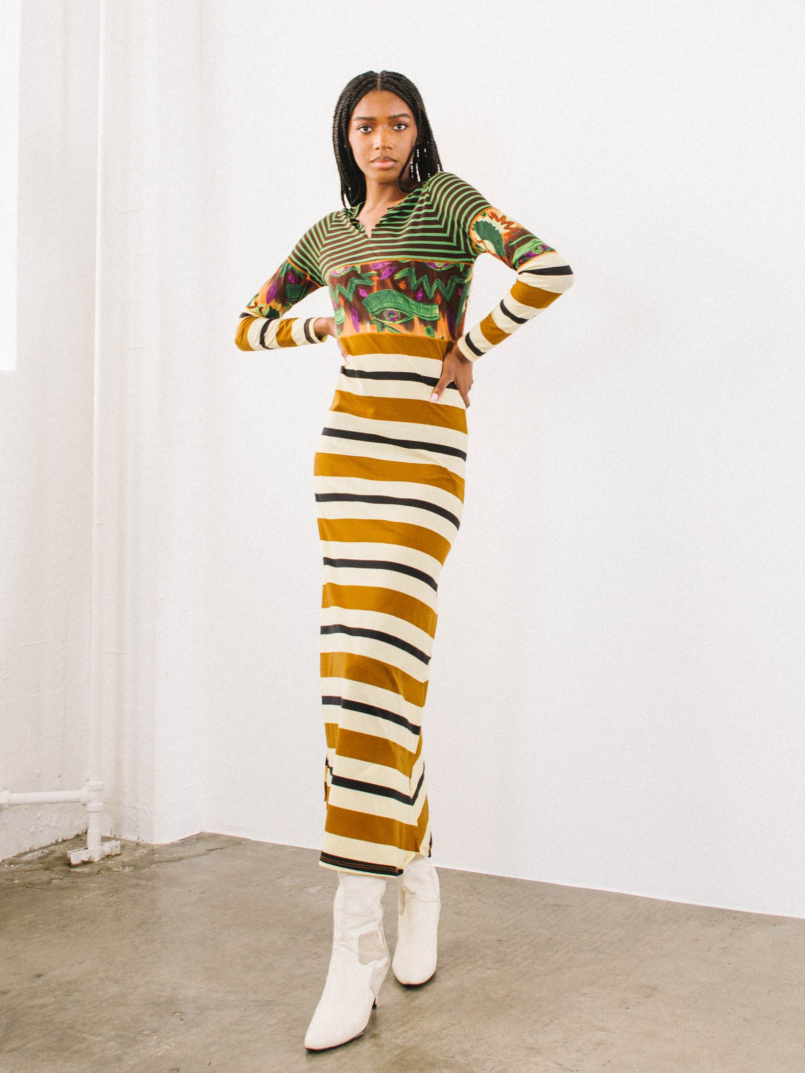 eye of horus midi dress 1990s Jean Paul Gaultier Eye of Horus Striped Jersey Dress