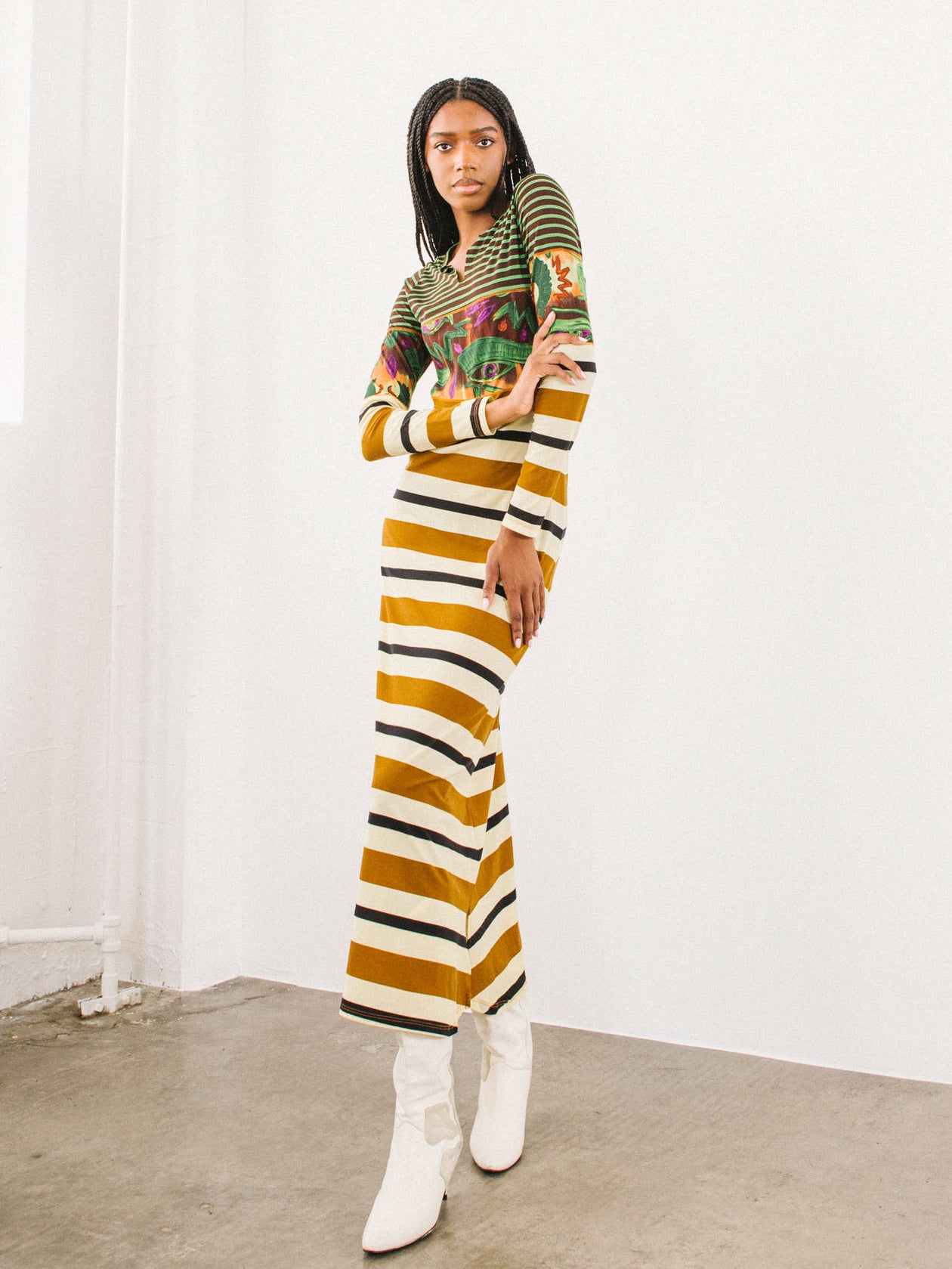 1990s Jean Paul Gaultier Eye of Horus Striped Jersey Dress