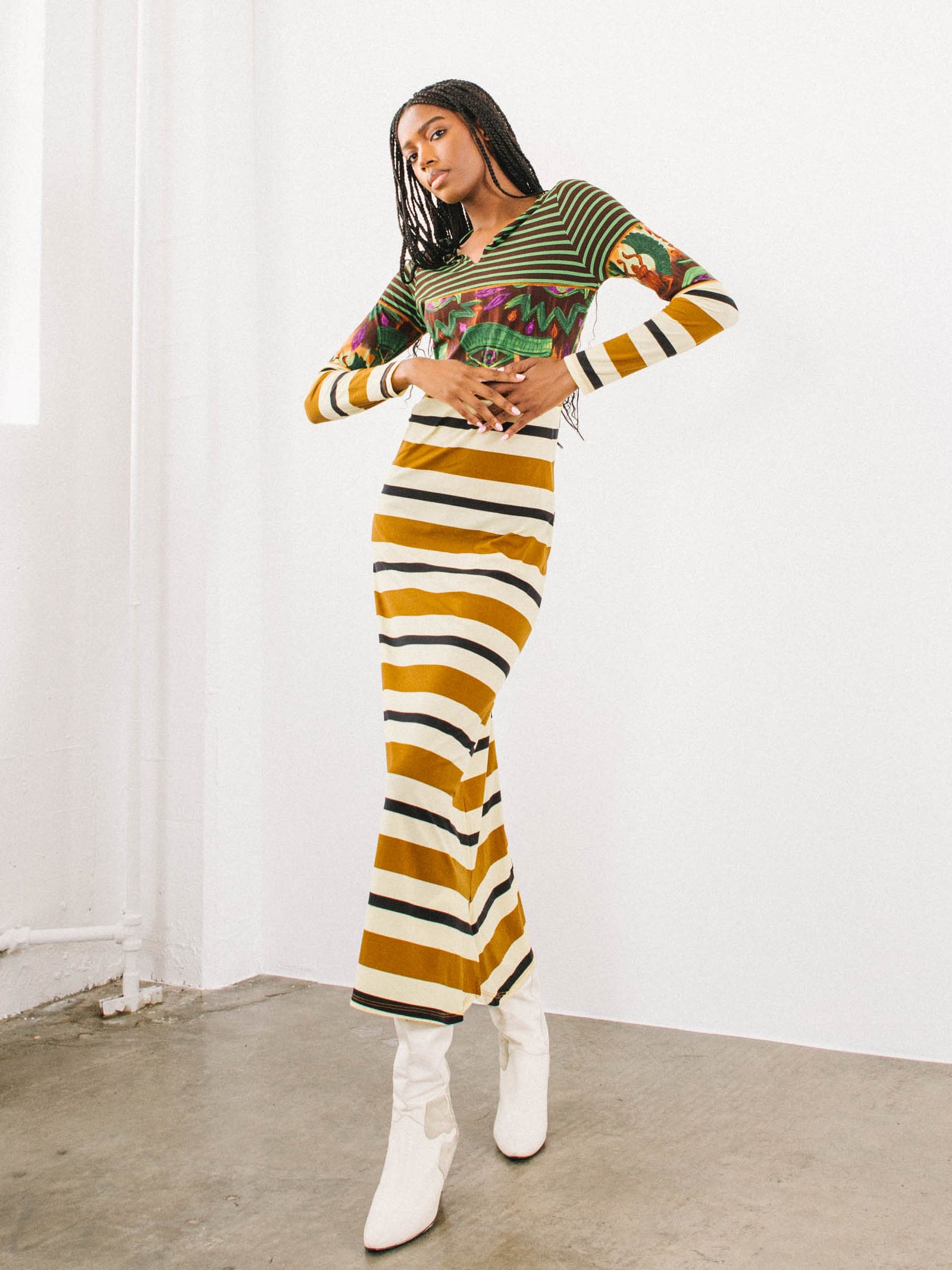 1990s Jean Paul Gaultier Eye of Horus Striped Jersey Dress