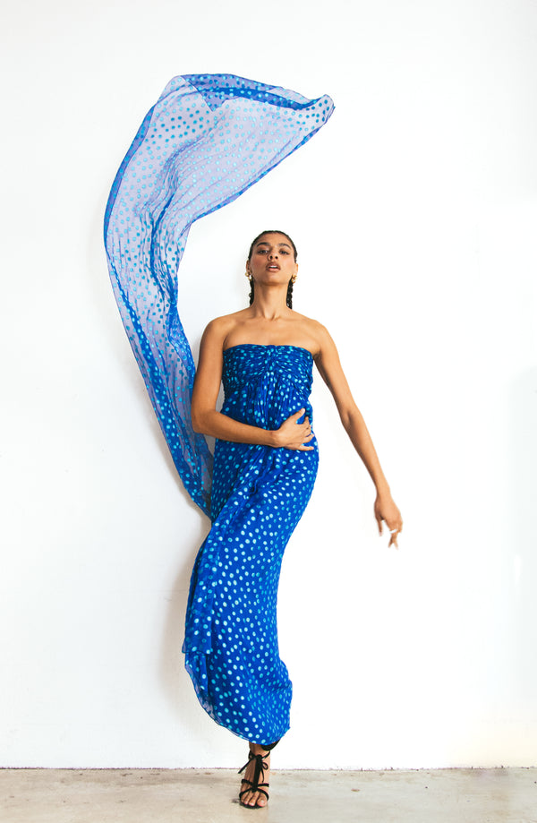 Oscar de la Renta Strapless Cobalt Polka Dot Gown Dress arcadeshops.com