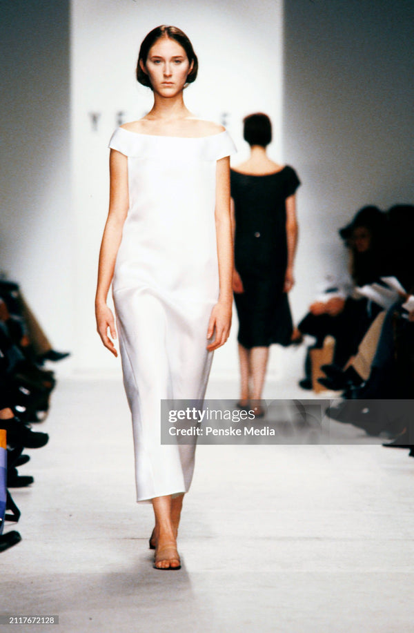 1999 Yeohlee Ivory Satin Wide Neck Barrel Gown