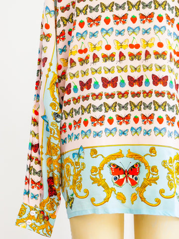 Butterfly Scarf Print Silk Shirt