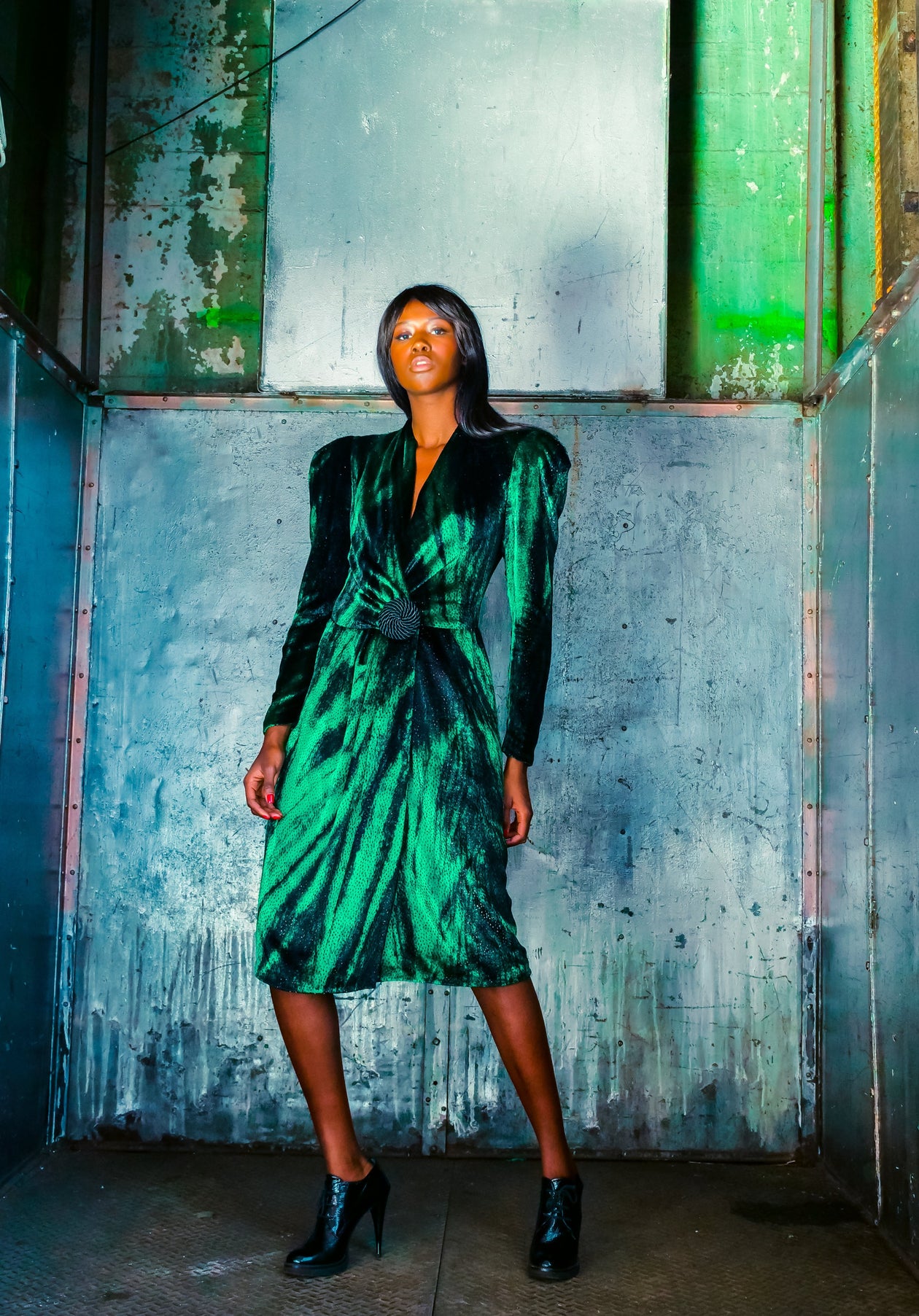 Green Lurex Velvet Wrap Dress