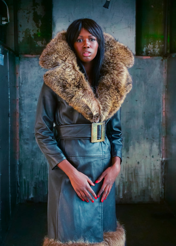Fur Trimmed Belted Leather Coat Jacket arcadeshops.com