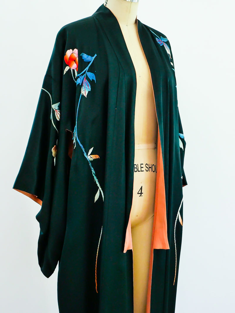 Antique Floral Embroidered Silk Kimono