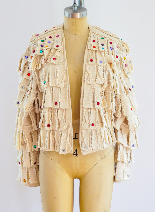 Rhinestone Embellished Fringe Canvas Jacket Top arcadeshops.com