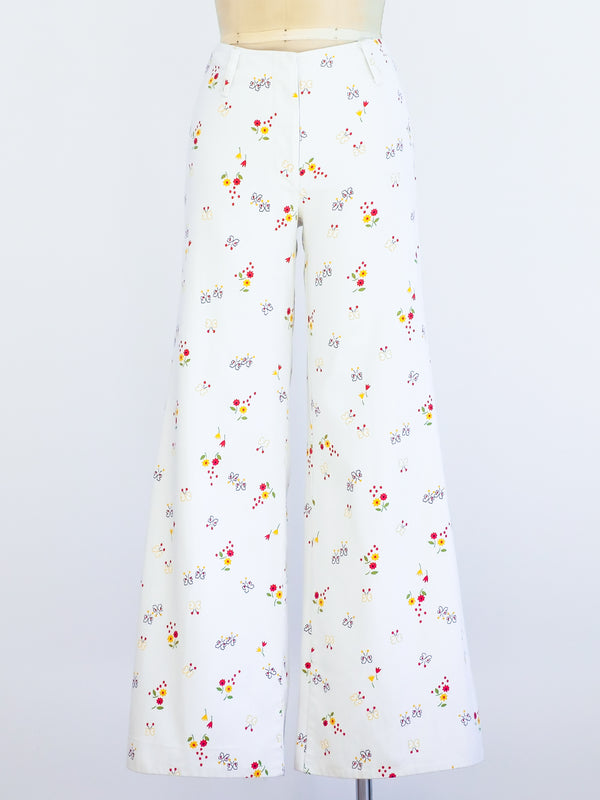 Butterfly and Flower Printed White Flares Pants arcadeshops.com