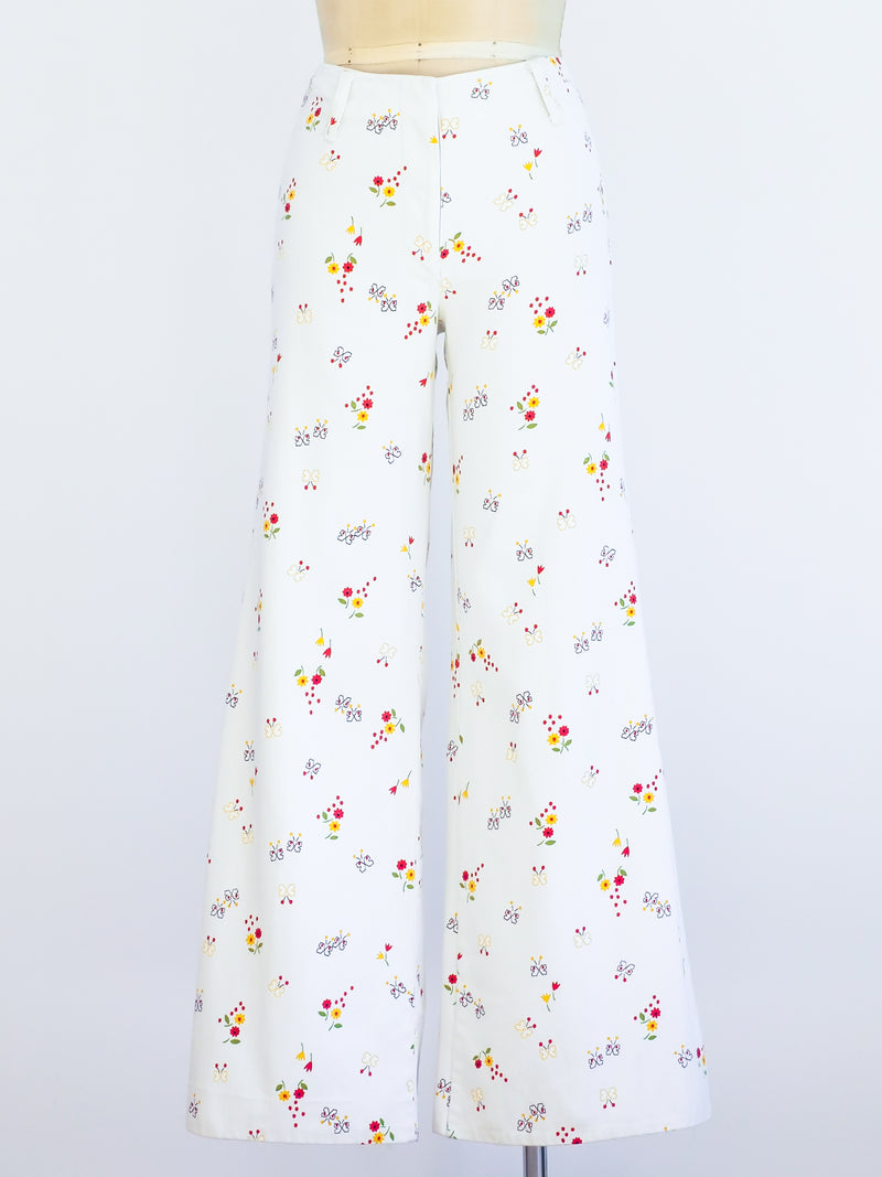 Butterfly and Flower Printed White Flares Pants arcadeshops.com