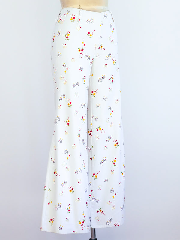 Butterfly and Flower Printed White Flares Pants arcadeshops.com