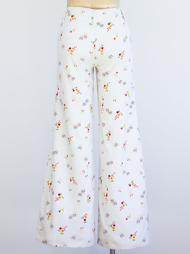 Butterfly and Flower Printed White Flares Pants arcadeshops.com
