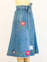 Denim Wrap Skirt with Floral Applique Skirt arcadeshops.com