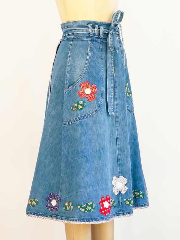 Denim Wrap Skirt with Floral Applique Skirt arcadeshops.com