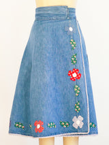 Denim Wrap Skirt with Floral Applique Skirt arcadeshops.com