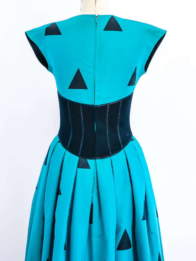 Geoffrey Beene Teal and Black Triangle Print Silk Gown Dress arcadeshops.com