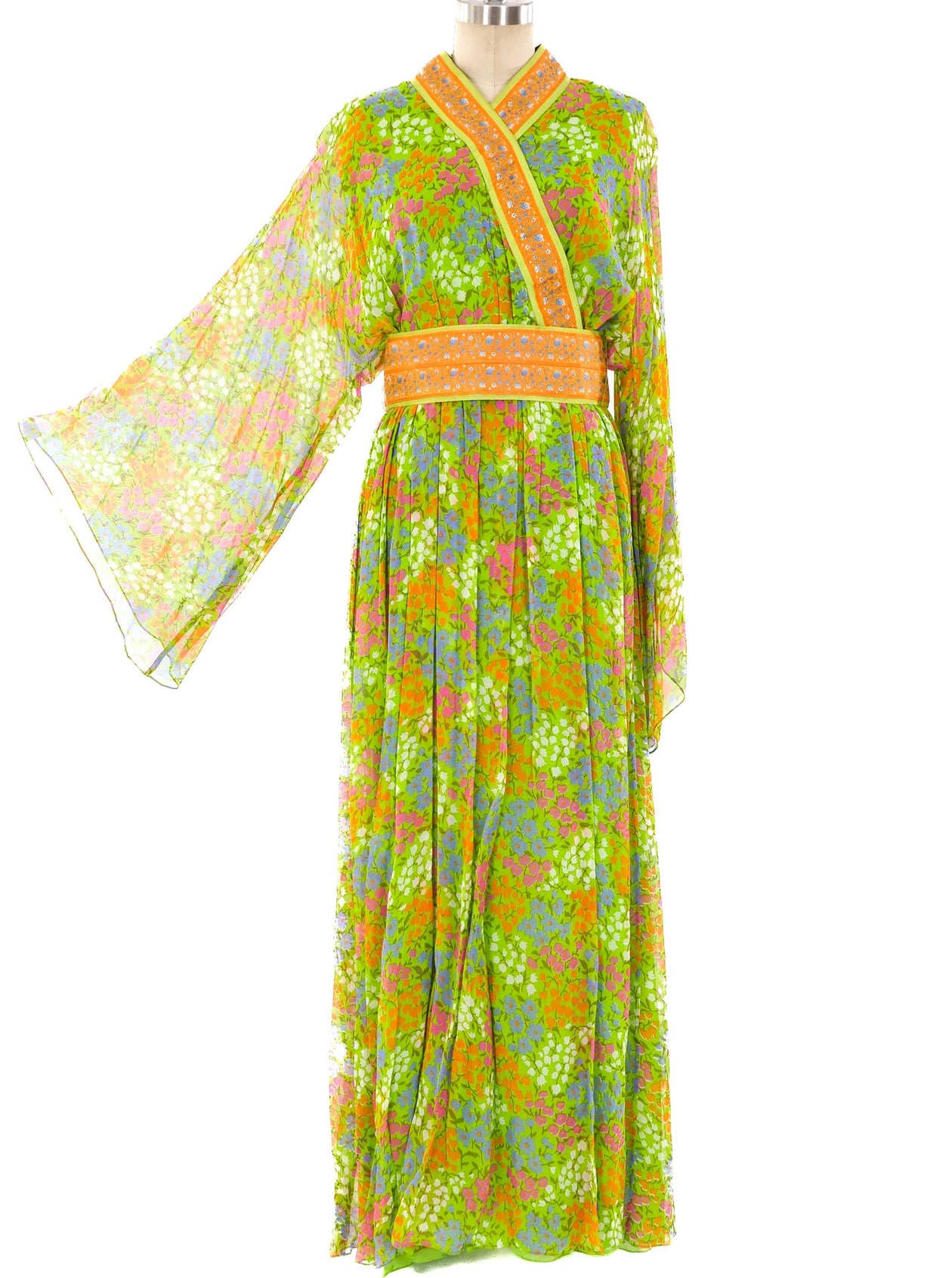Oscar de la Renta Belted Floral Chiffon Maxi Dress