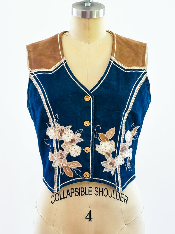 Floral Applique Denim and Suede Vest Top arcadeshops.com