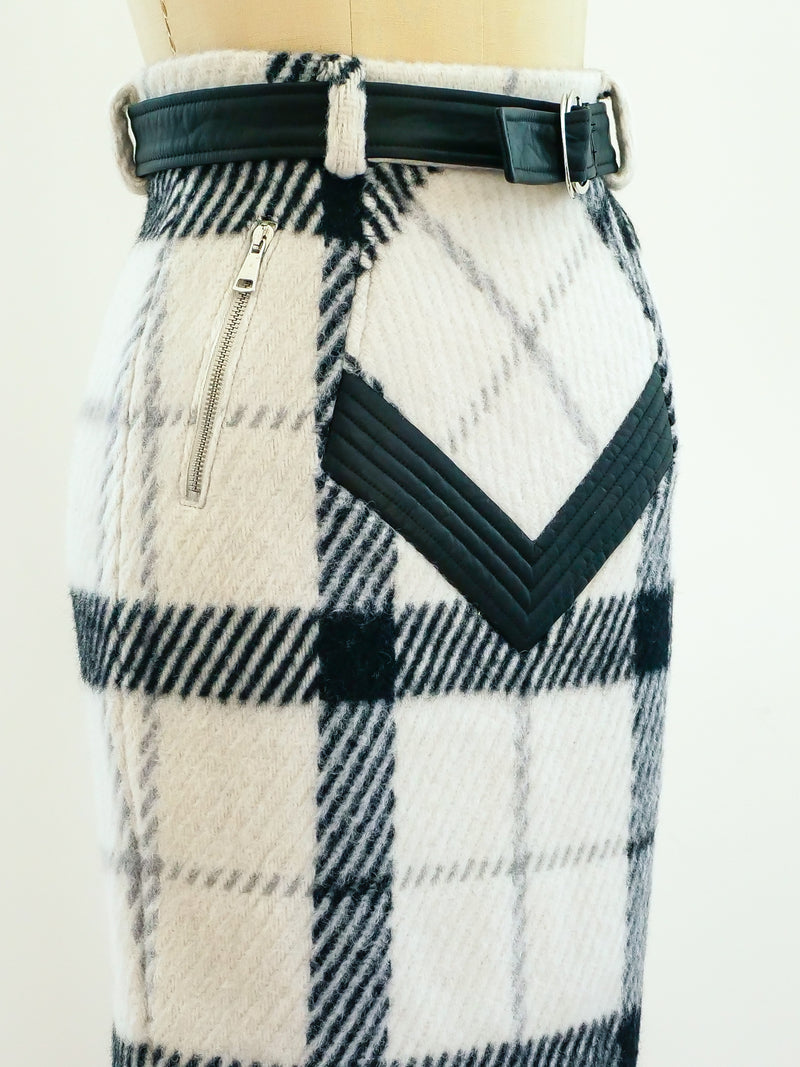 Castelbajac Check Wool Skirt with Leather Trim Skirt arcadeshops.com