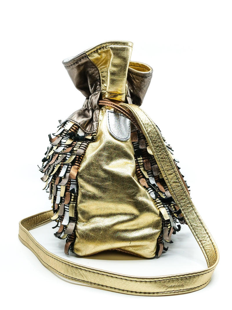 Woven Metallic Leather Bucket Bag Accessory arcadeshops.com