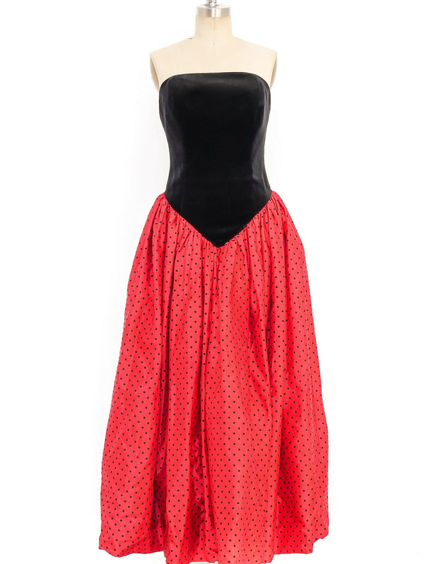 Black and Red Polka Dot Strapless Gown Dress arcadeshops.com