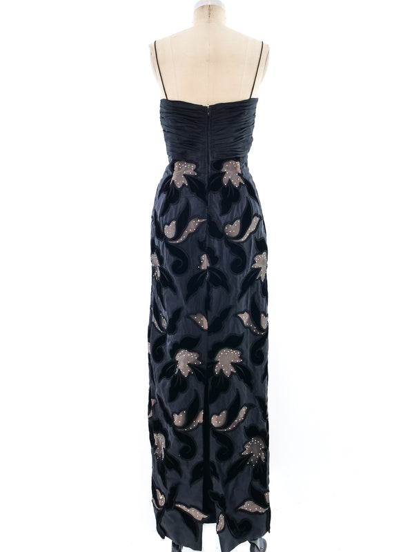 Ruched Floral Applique Gown Dress arcadeshops.com