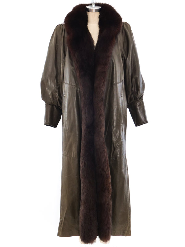 Chocolate Fur Trimmed Leather Maxi Coat Outerwear arcadeshops.com
