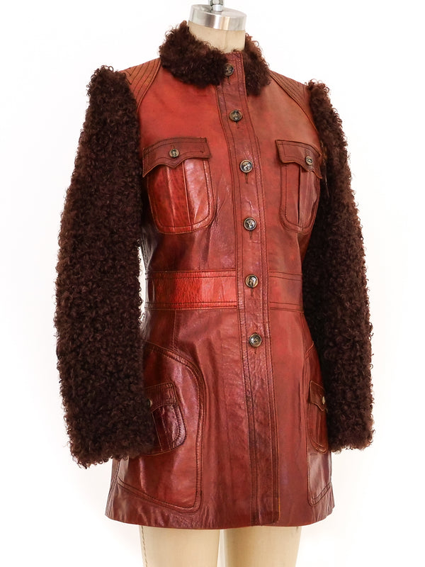 Curly Lamb Trimmed Cognac Leather Jacket Jacket arcadeshops.com