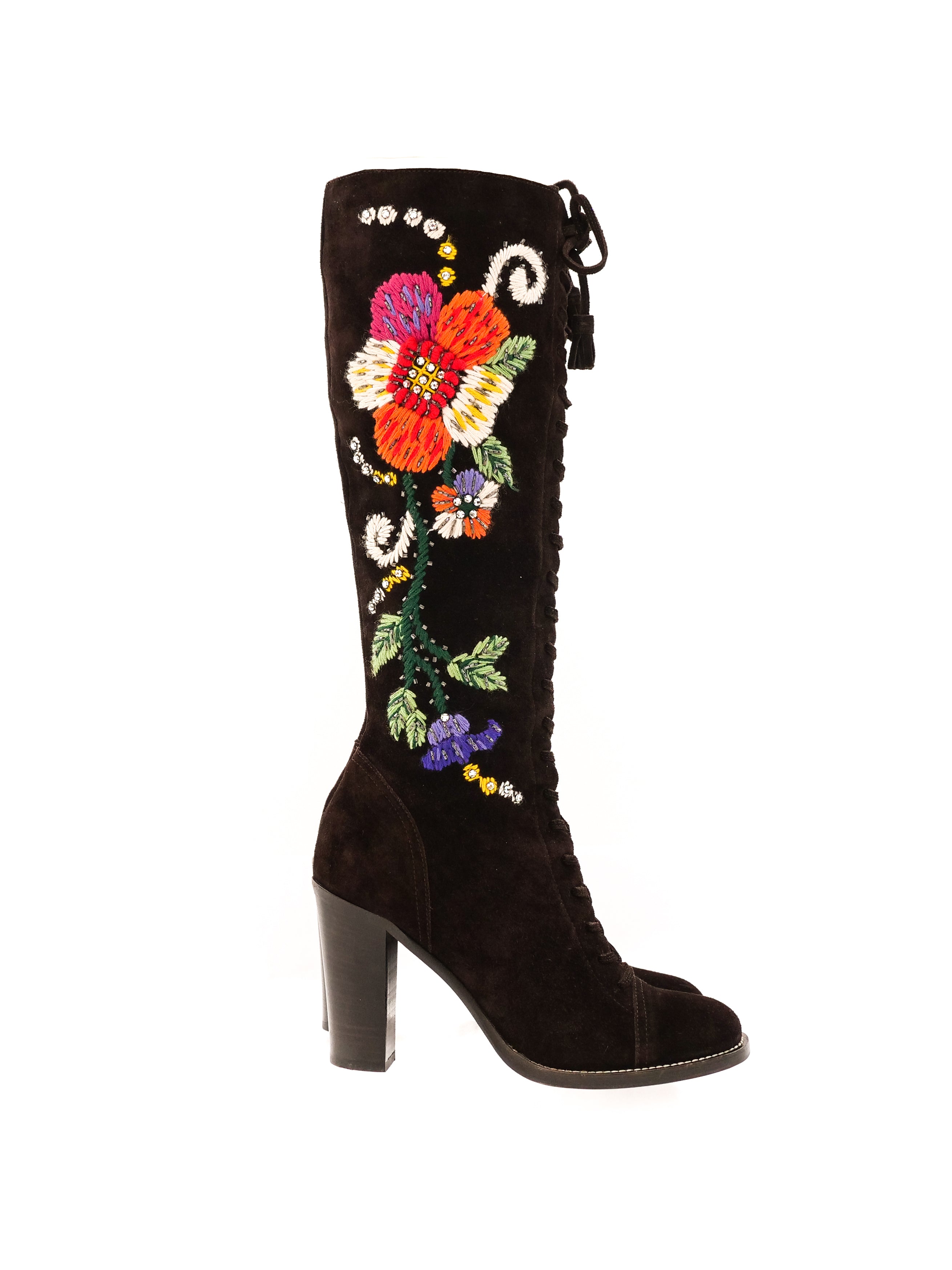 Miu Miu Floral Embroidered Suede Boots, 38