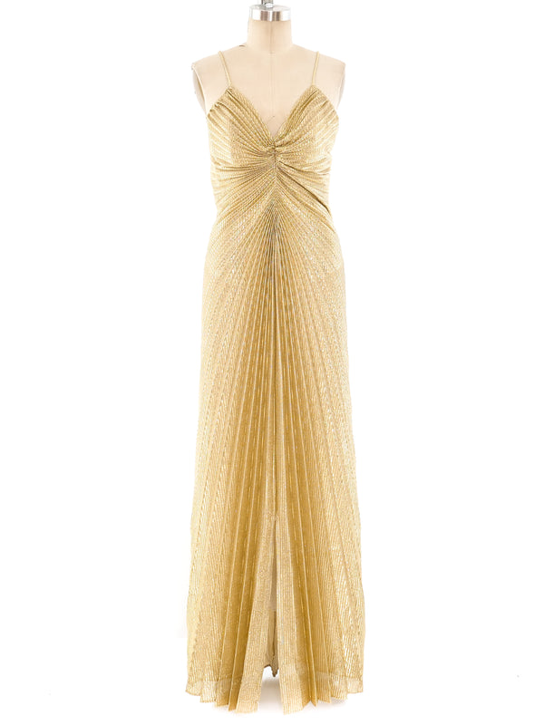 Gold Pleated Lamé Gown Dress arcadeshops.com