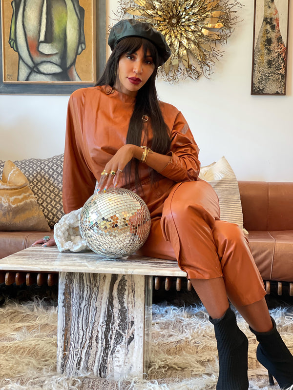 Cognac Leather Jumpsuit Suit arcadeshops.com