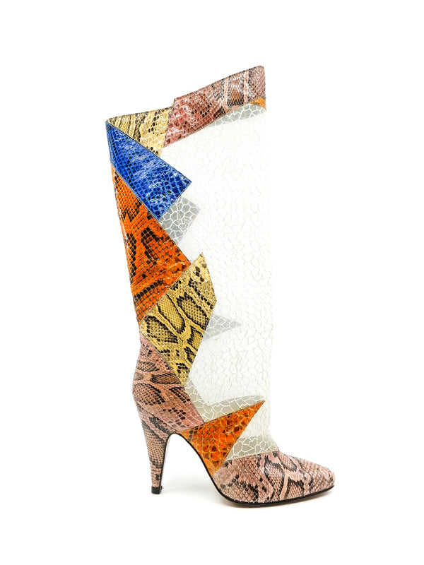 Sheer Panel Patchwork Snakeskin Boots Accessory arcadeshops.com