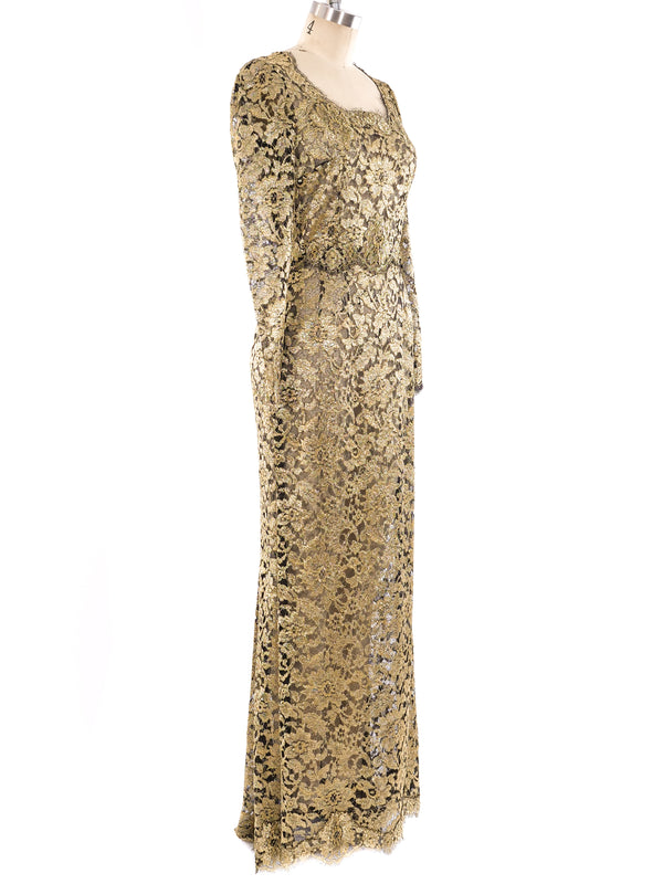 Dolce and Gabbana Metallic Gold Lace Gown Dress arcadeshops.com