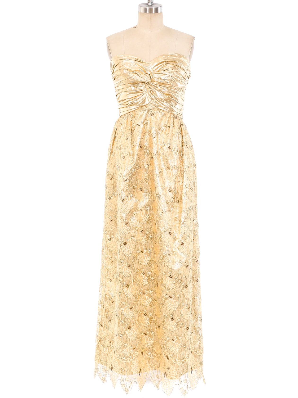 Metallic Gold Strapless Lace Dress
