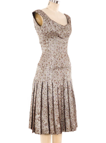 Fur Trimmed Metallic Brocade Dress