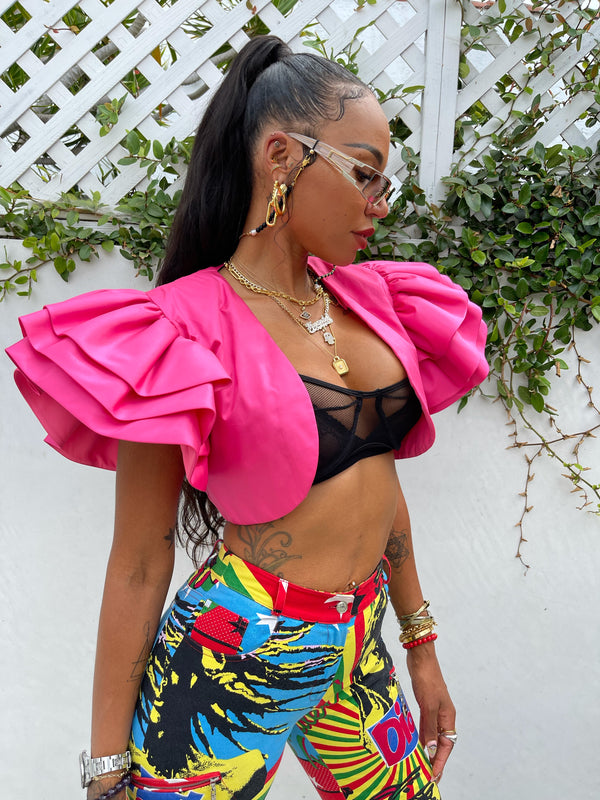 Pink Ruffled Cropped Jacket Jacket arcadeshops.com