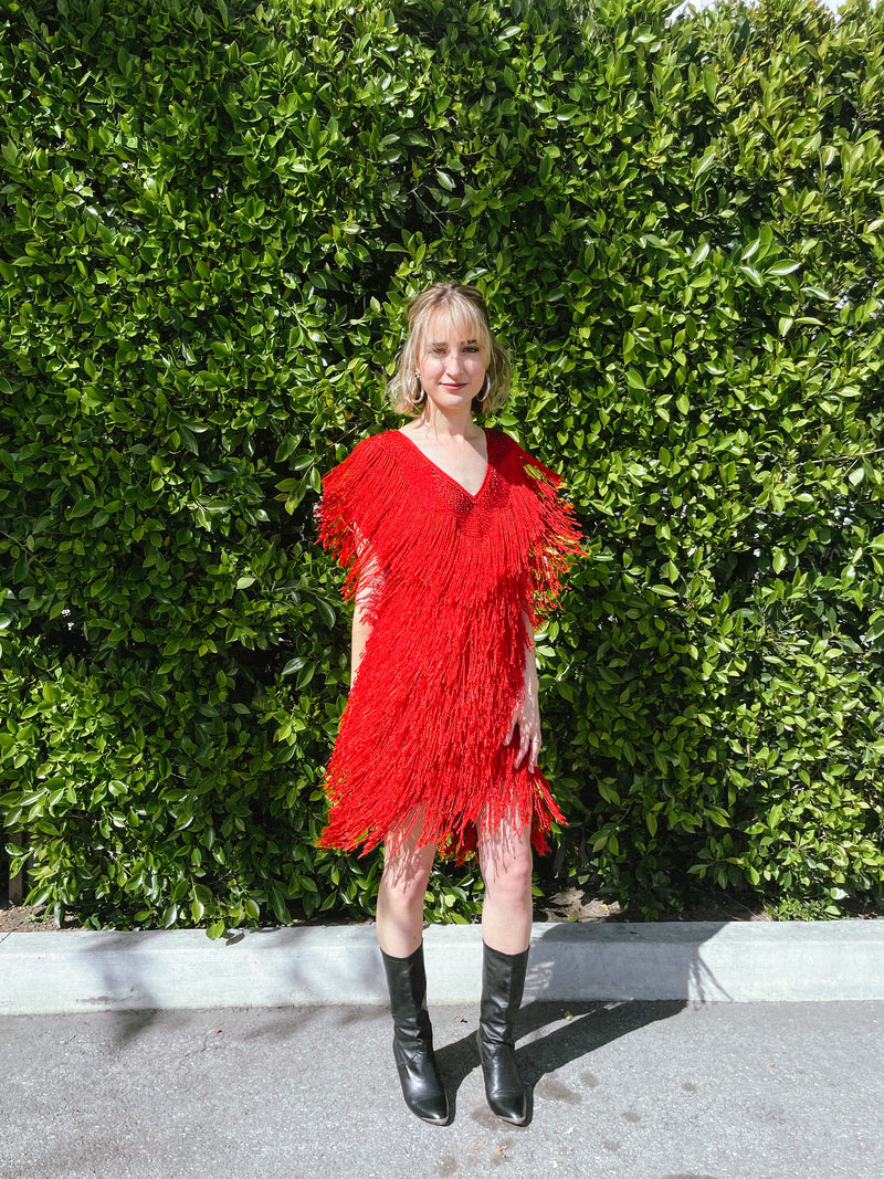 Red Fringed Beaded Dress Dress arcadeshops.com