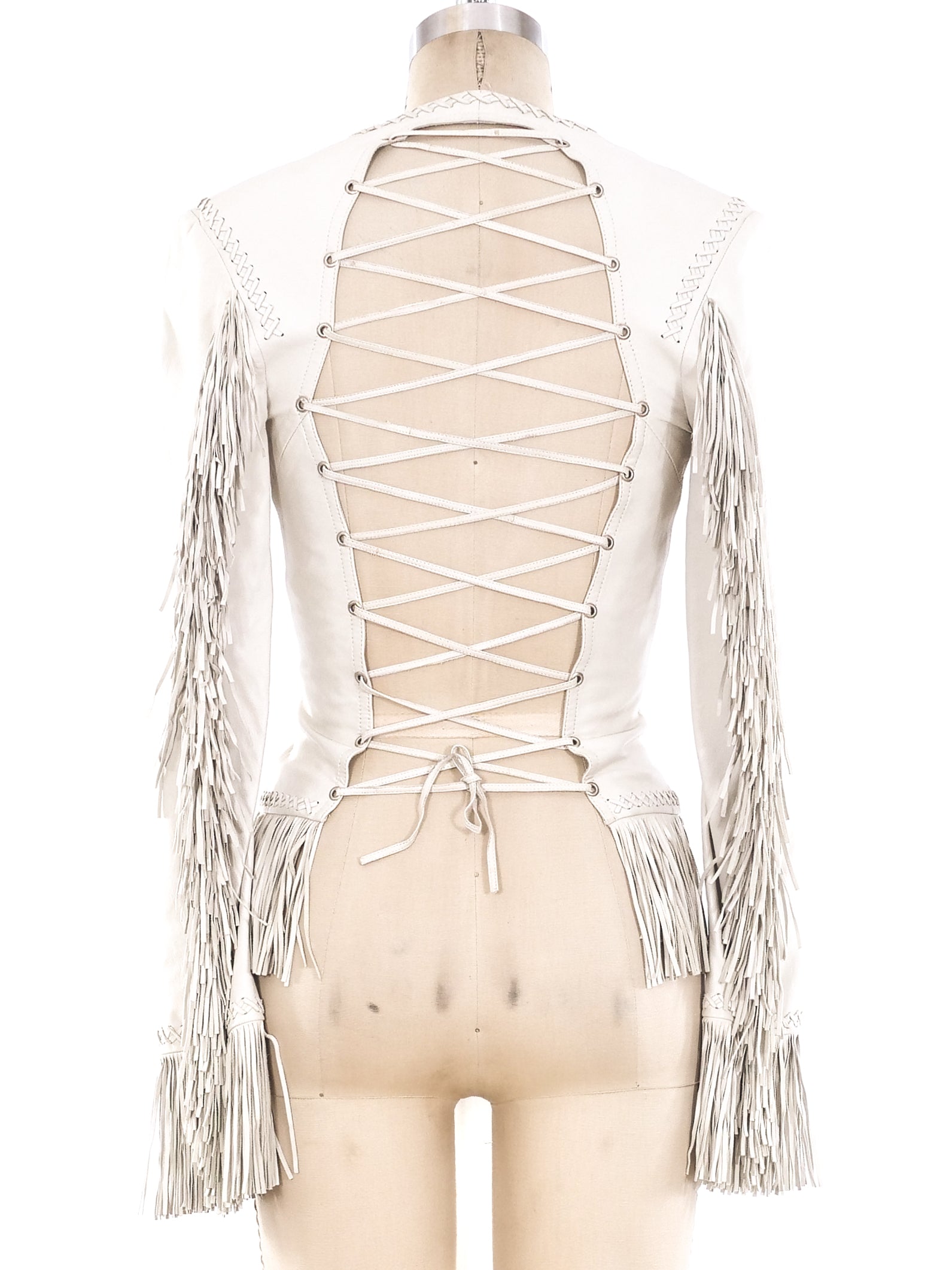Gianni Versace Fringe Trimmed Lace Up Leather Jacket