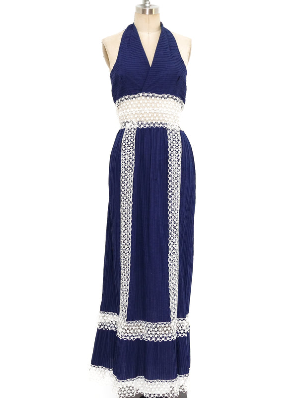 Crochet Panel Pintuck Halter Maxi Dress Dress arcadeshops.com