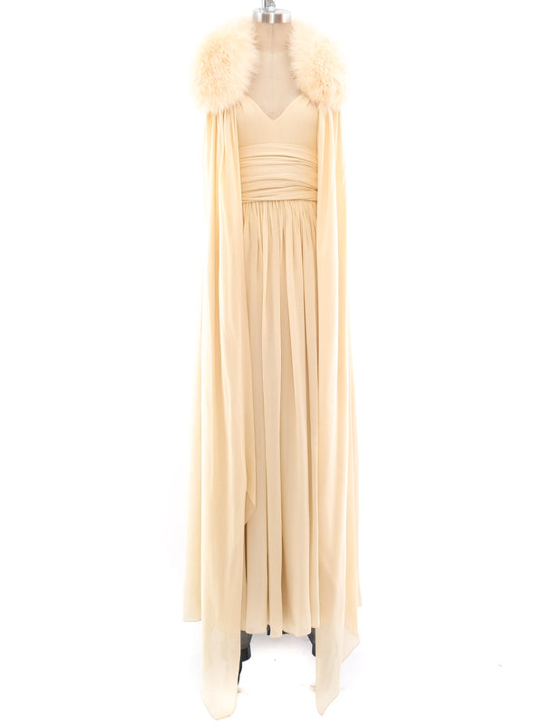 Bill Blass Fur Trimmed Ivory Chiffon Gown Dress arcadeshops.com