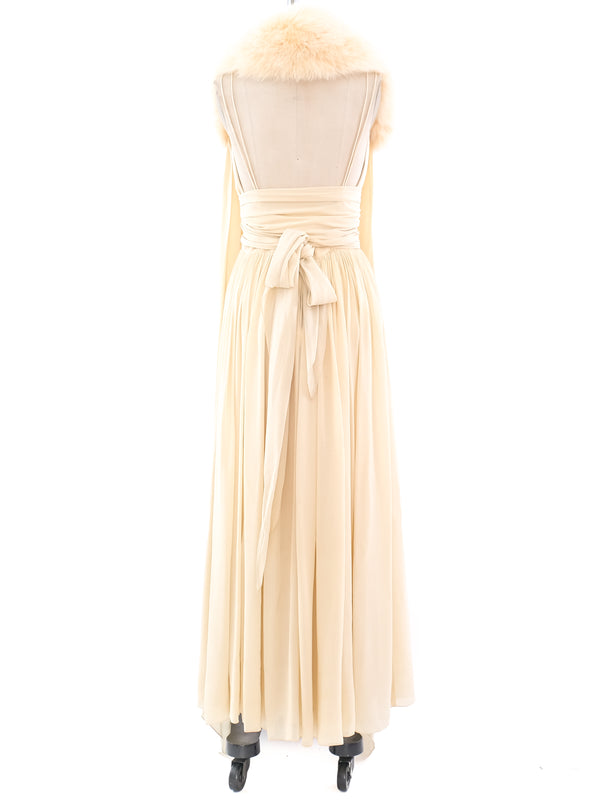 Bill Blass Fur Trimmed Ivory Chiffon Gown Dress arcadeshops.com