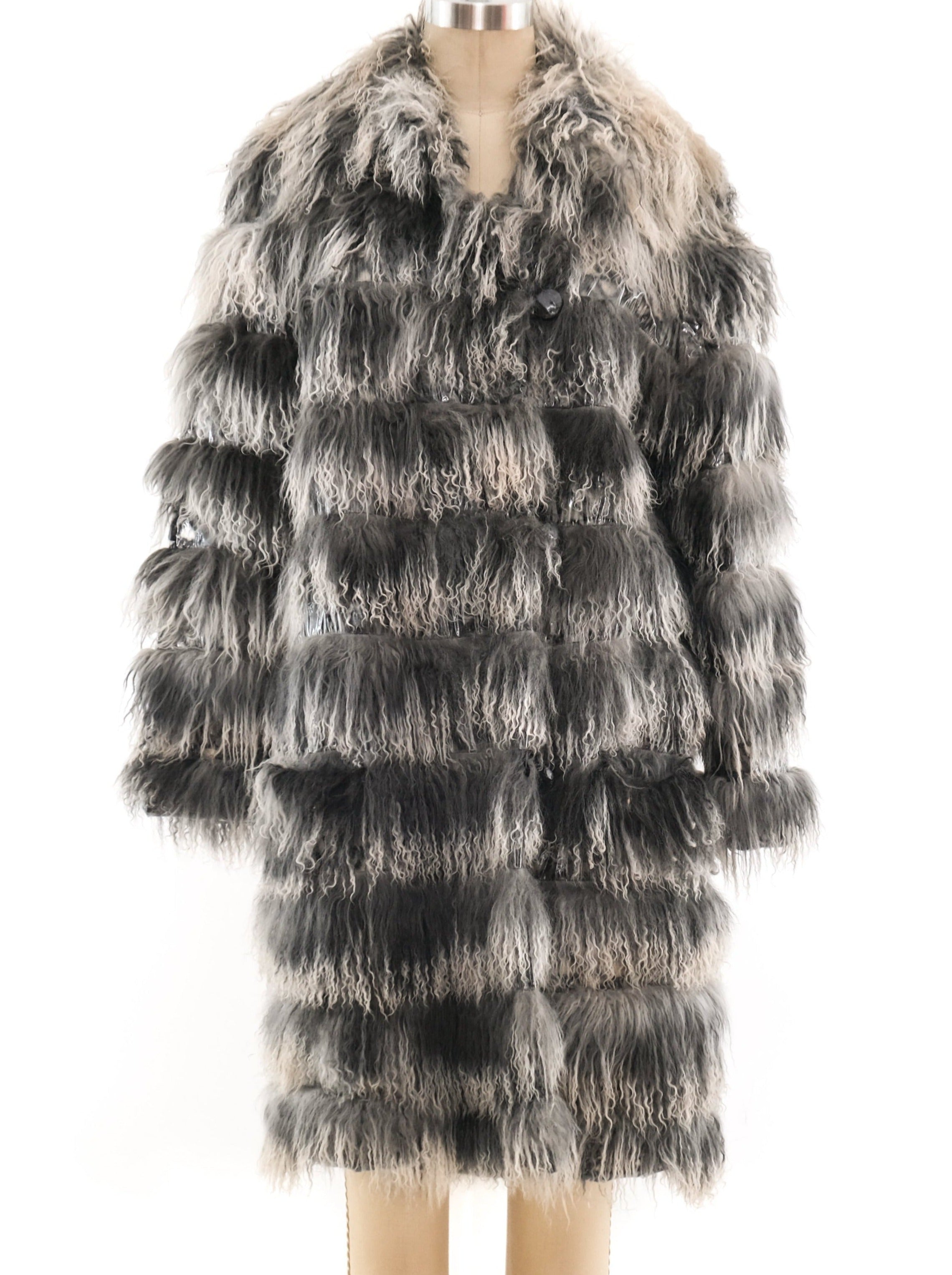 Grey Mongolian Lamb Fur and Vinyl Striped Coat