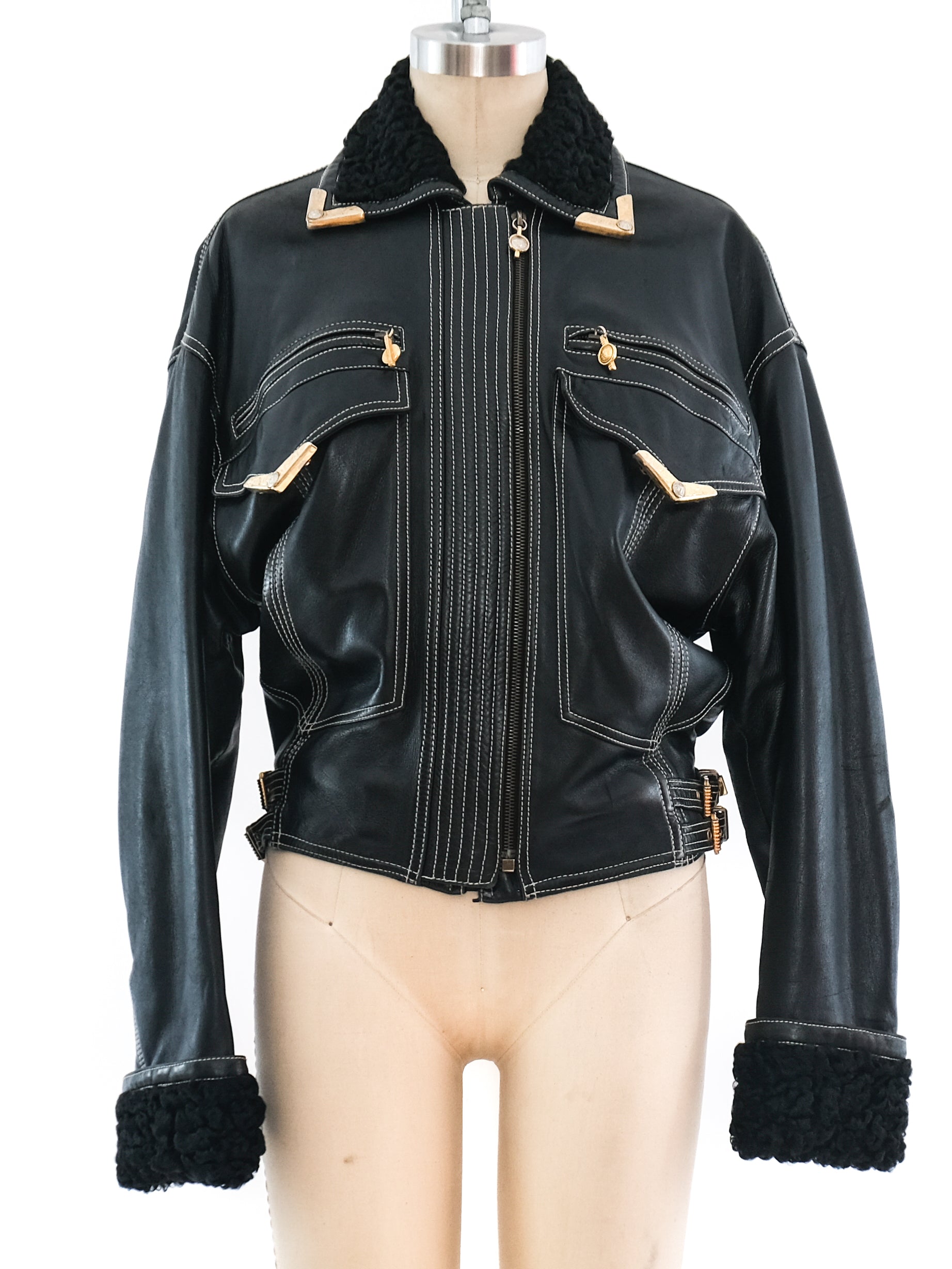 【ラッピング不可】 Gianni Versace Jacket Leather Trimmed Fur Lamb ジャケット・アウター
